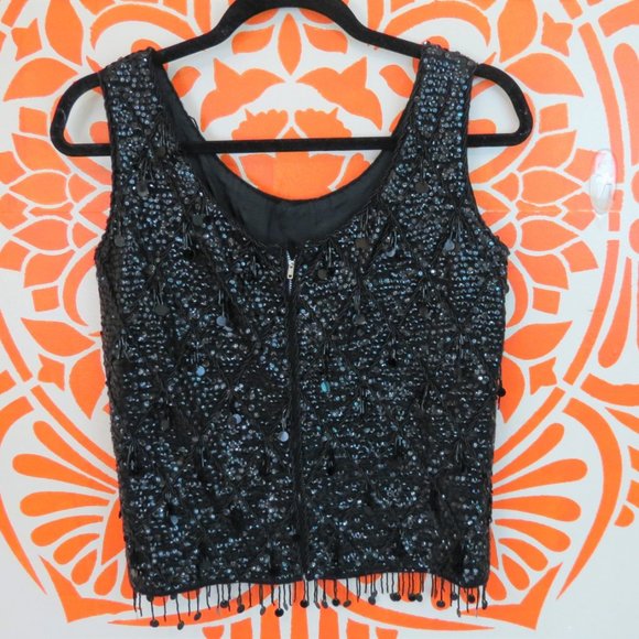 Vintage 50's/60's Black Beaded Sleeveless Top S/M - Picture 2 of 2